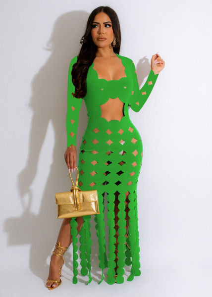 Square neck long sleeved personalized floral cut-out sexy nightclub dress
