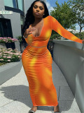 Sexy U-neck autumn/winter long sleeved tie dyed half skirt two-piece set