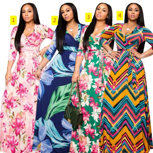 Women's sexy V-neck exquisitely printed large to floor dress