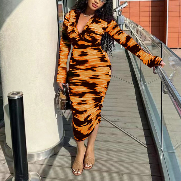 Printed Fashion Casual Pleated Long Sleeve Slim Fit Style Long Dress