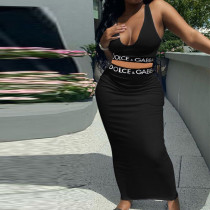 Fashion Casual Tank Top High Waist Wrap Hip Long Dress Letter Ribbon Casual Two Piece Set