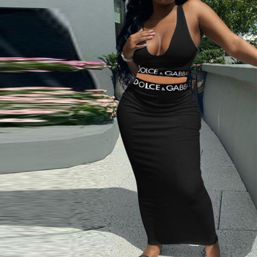 Fashion Casual Tank Top High Waist Wrap Hip Long Dress Letter Ribbon Casual Two Piece Set