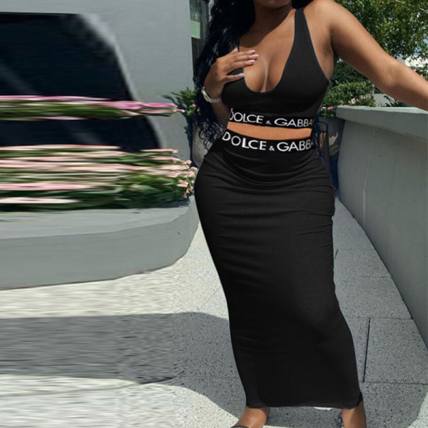 Fashion Casual Tank Top High Waist Wrap Hip Long Dress Letter Ribbon Casual Two Piece Set