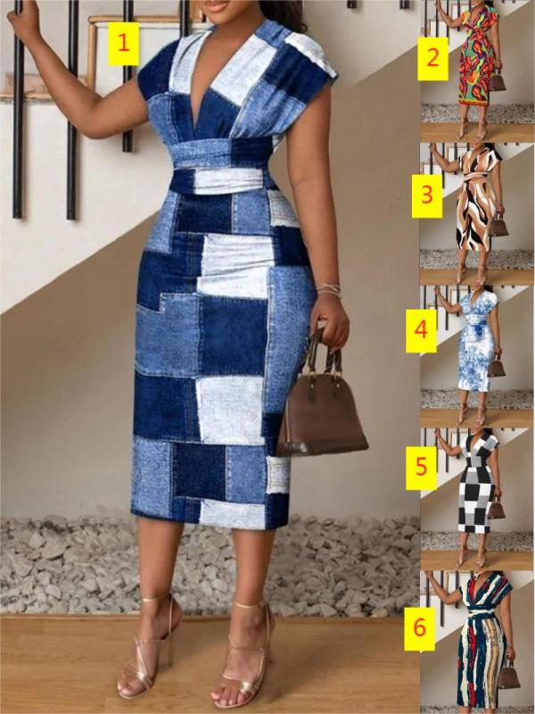 Fashionable V-neck slim fitting printed dress