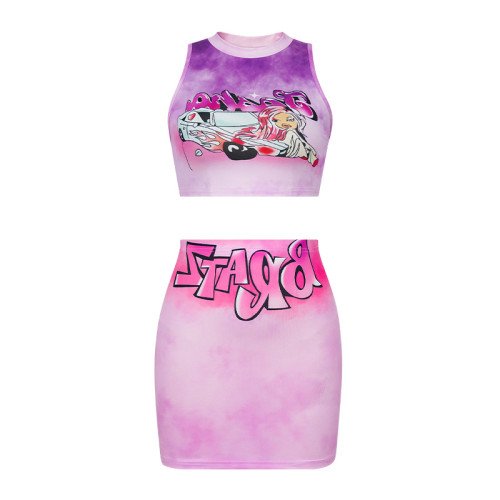 Round neck sleeveless character letter printed buttocks short skirt casual set