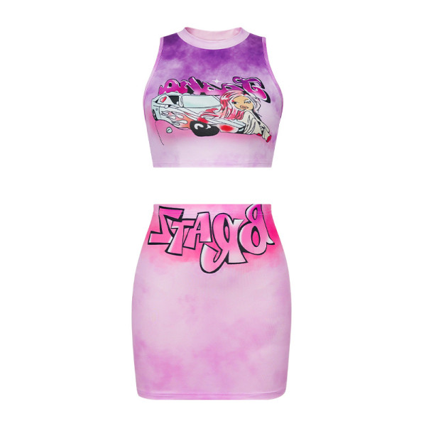 Round neck sleeveless character letter printed buttocks short skirt casual set