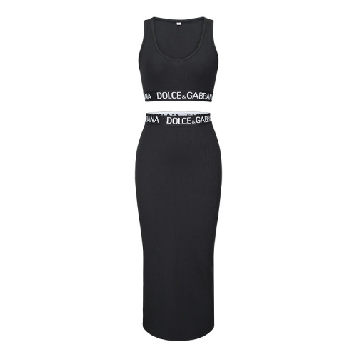Fashion Casual Tank Top High Waist Wrap Hip Long Dress Letter Ribbon Casual Two Piece Set