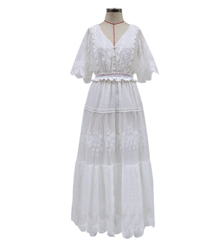 V-neck short sleeved lace dress for women