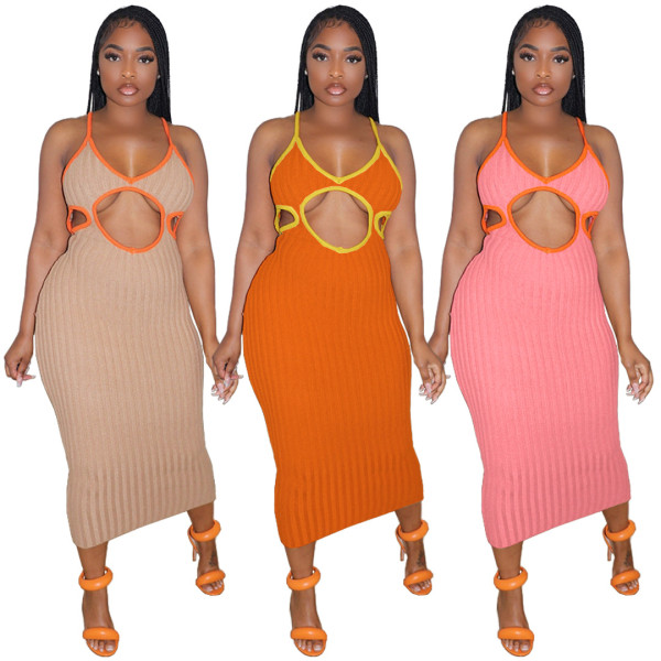 Sexy Knitted Cardigan Cutout Gradient Contrast Dress
