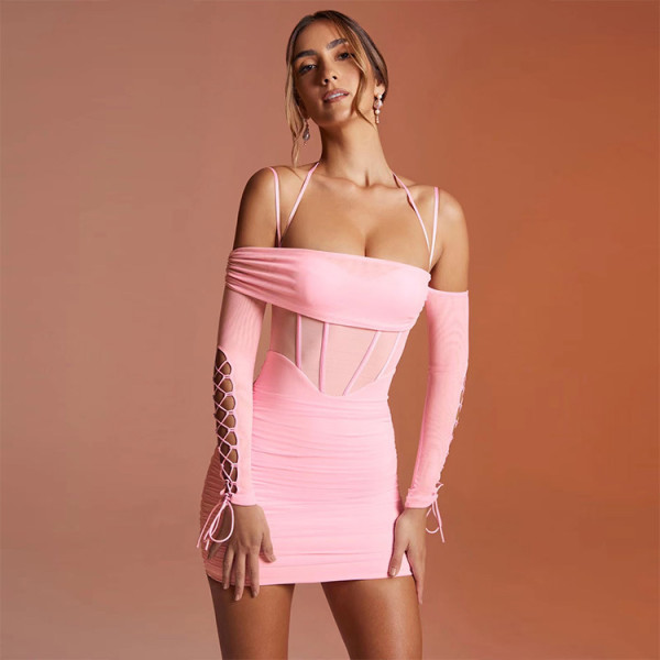 Mesh stitching and fashionable temperament with straps, pleated waist and buttocks skirt