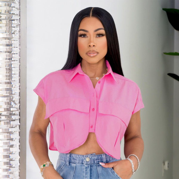 Sexy Solid Pocket Panel Irregular Loose Single breasted Cardigan Polo Neck Shirt