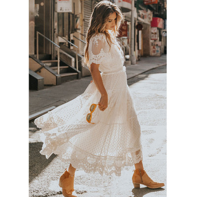 V-neck short sleeved lace dress for women