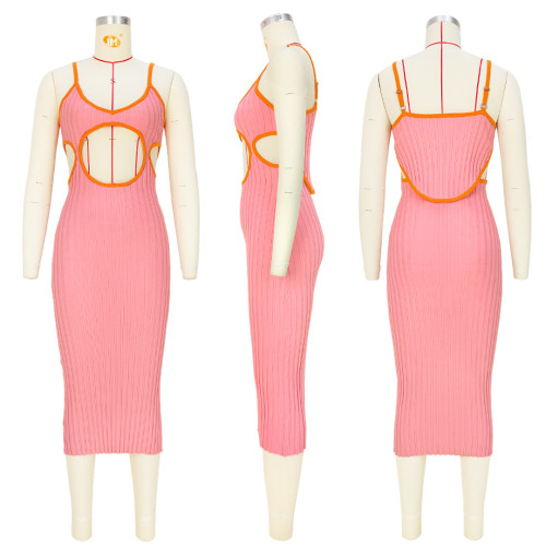 Sexy Knitted Cardigan Cutout Gradient Contrast Dress