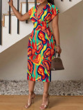 Fashionable V-neck slim fitting printed dress