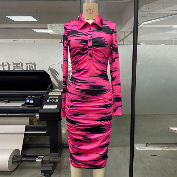 Printed Fashion Casual Pleated Long Sleeve Slim Fit Style Long Dress