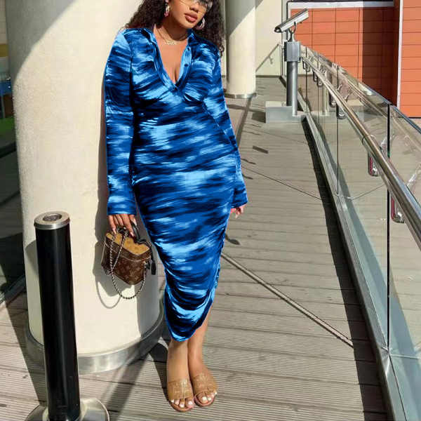 Printed Fashion Casual Pleated Long Sleeve Slim Fit Style Long Dress