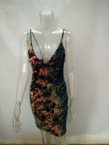 Embroidered sequin suspender sexy short skirt with deep V back strap nightclub party dress