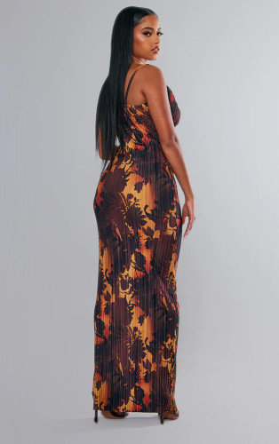 Printed Pleated Slim Slim Slim Slim Slim Strap Dress for Women