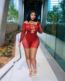 Thread mesh pearl buckle off shoulder sexy jumpsuit shorts