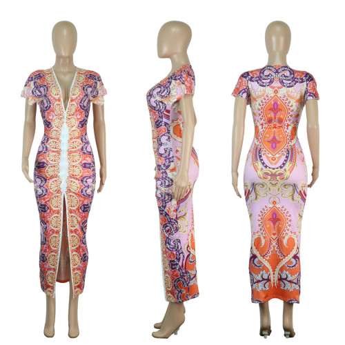 Printed V-neck ethnic style slit positioning pleated dress