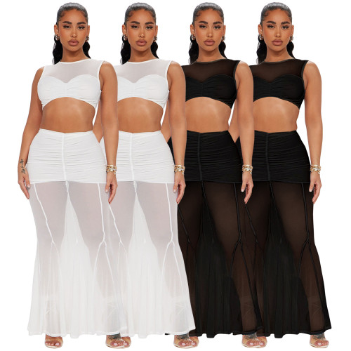 Mesh patchwork short top sexy wrap buttocks fish tail half skirt set
