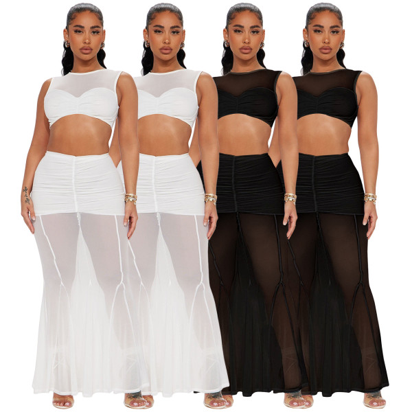 Mesh patchwork short top sexy wrap buttocks fish tail half skirt set