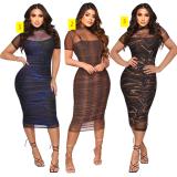Perspective mesh suspender printed short sleeved sexy dress two-piece set