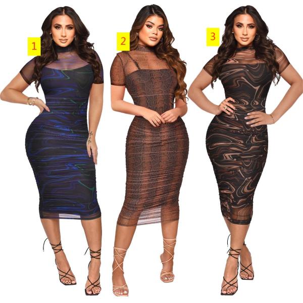 Perspective mesh suspender printed short sleeved sexy dress two-piece set