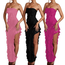 Chest Wrapped Ruffle Edge Tassel Split Style Dress