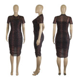 Perspective mesh suspender printed short sleeved sexy dress two-piece set