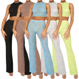 Knitted striped perspective vest solid casual two-piece set
