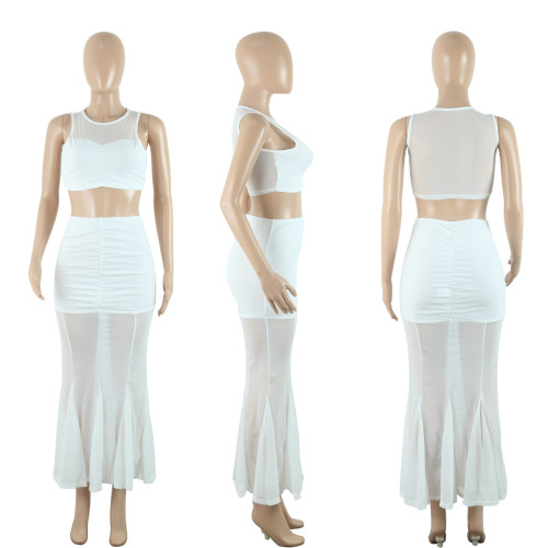 Mesh patchwork short top sexy wrap buttocks fish tail half skirt set