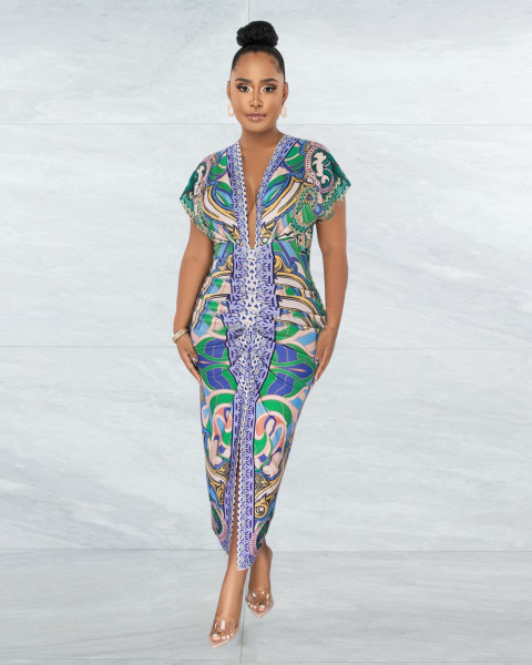 Printed V-neck ethnic style slit positioning pleated dress