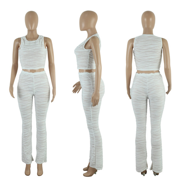 Knitted striped perspective vest solid casual two-piece set