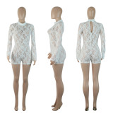 Floral lace elastic micro flared sleeves sexy jumpsuit