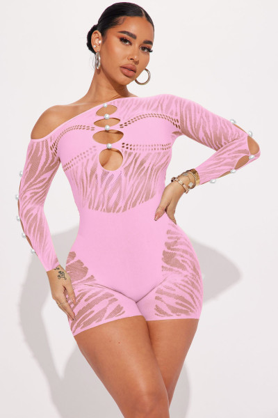 Zebra pattern patchwork pearl buckle off shoulder sexy jumpsuit