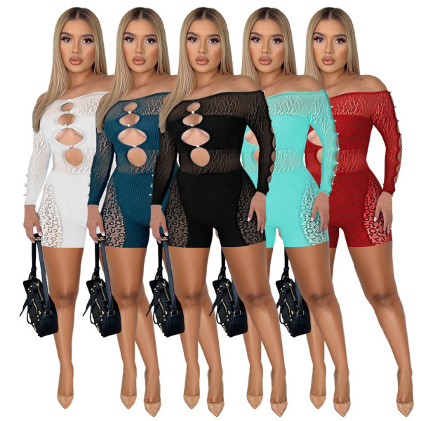 Thread mesh pearl buckle off shoulder sexy jumpsuit shorts