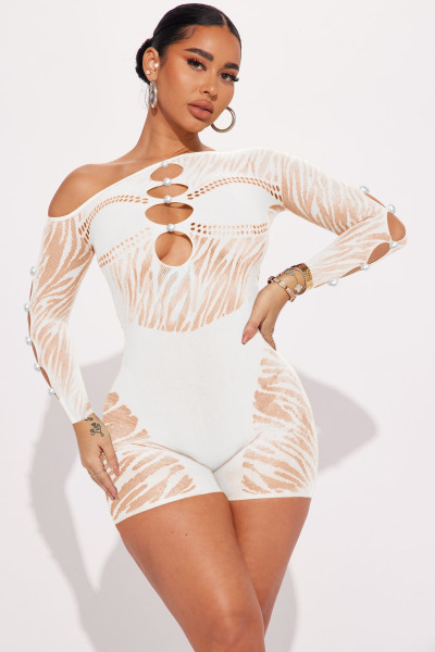 Zebra pattern patchwork pearl buckle off shoulder sexy jumpsuit