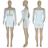 Thread mesh pearl buckle off shoulder sexy jumpsuit shorts