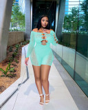 Thread mesh pearl buckle off shoulder sexy jumpsuit shorts