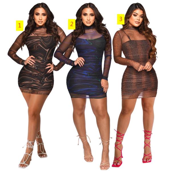 Mesh suspender printed sexy buttock wrap dress short skirt set