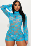 Floral lace elastic micro flared sleeves sexy jumpsuit