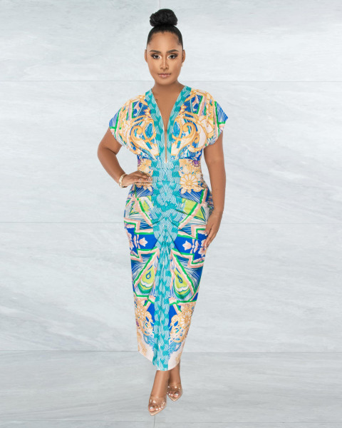 Printed V-neck ethnic style slit positioning pleated dress