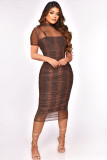 Perspective mesh suspender printed short sleeved sexy dress two-piece set
