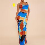 Printed Pleated Two Piece Slim Fit Long Dress Set for Women