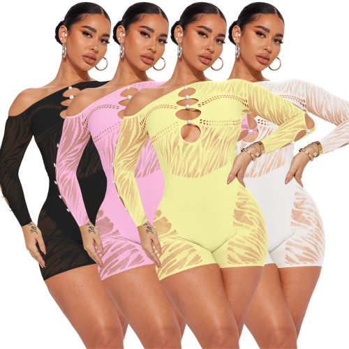 Zebra pattern patchwork pearl buckle off shoulder sexy jumpsuit