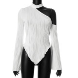 Solid casual off shoulder round neck long sleeved wooden ear edge slim fitting top