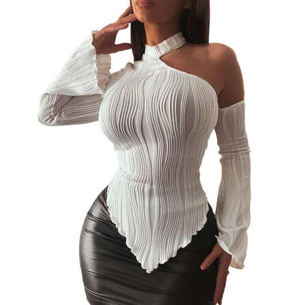 Solid casual off shoulder round neck long sleeved wooden ear edge slim fitting top