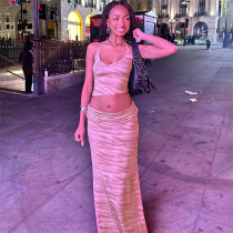 Leisure Sleeveless Hanging Neck Short Top Half Skirt Women's Set