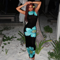 Casual floral print sleeveless round neck slim fitting basic dress Casual floral print sleeveless round neck slim fitting basic dress